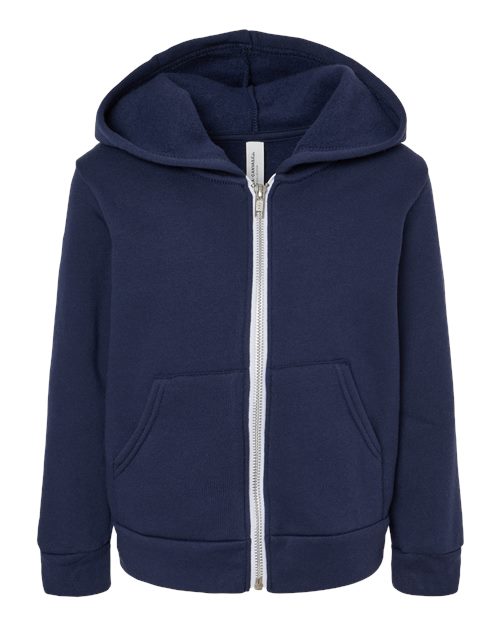 Navy blue hoodie with a silver zipper on a white background