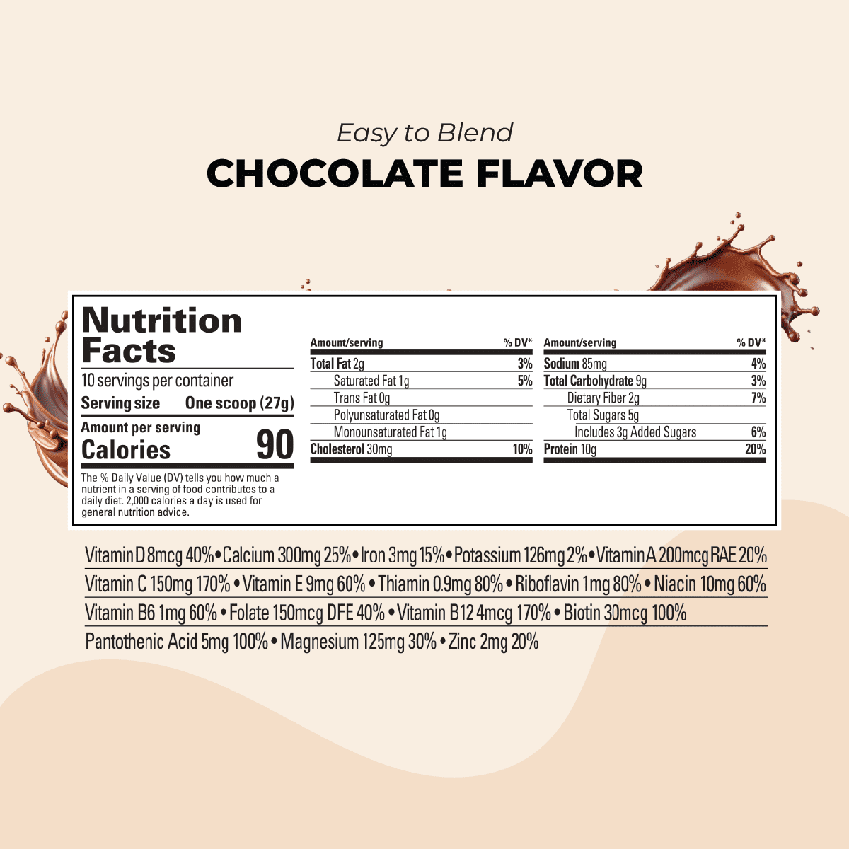 Nutrition facts label for a chocolate-flavored protien shake mix powder with a chocolate liquid splash