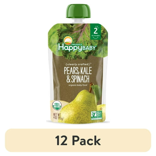 Happy Baby Organics Clearly Crafted, Stage 2 Pears Kale & Spinach Organic Baby Food, 4oz Pouch (12 pack)