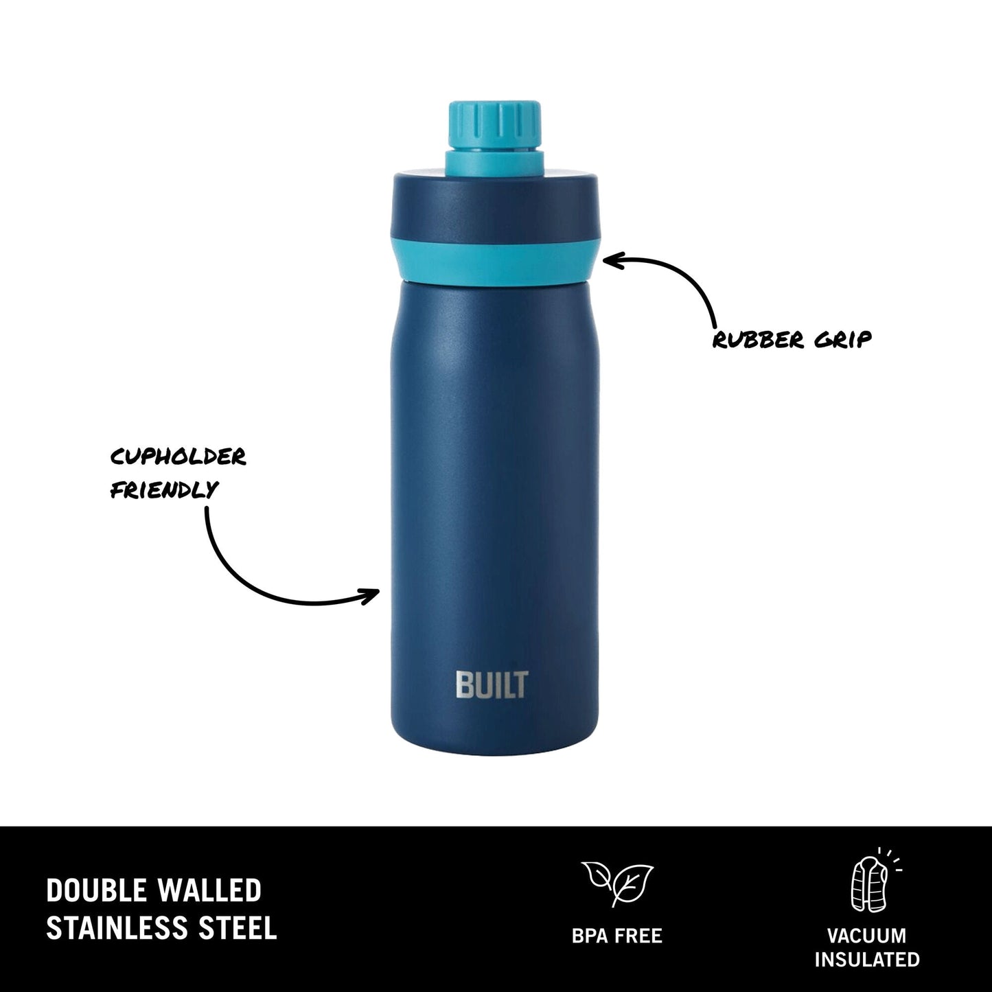 BUILT Cascade 16 oz Stainless Steel Kids Water Bottle with Leakproof Flip-Top Chug Lid, Dark Blue