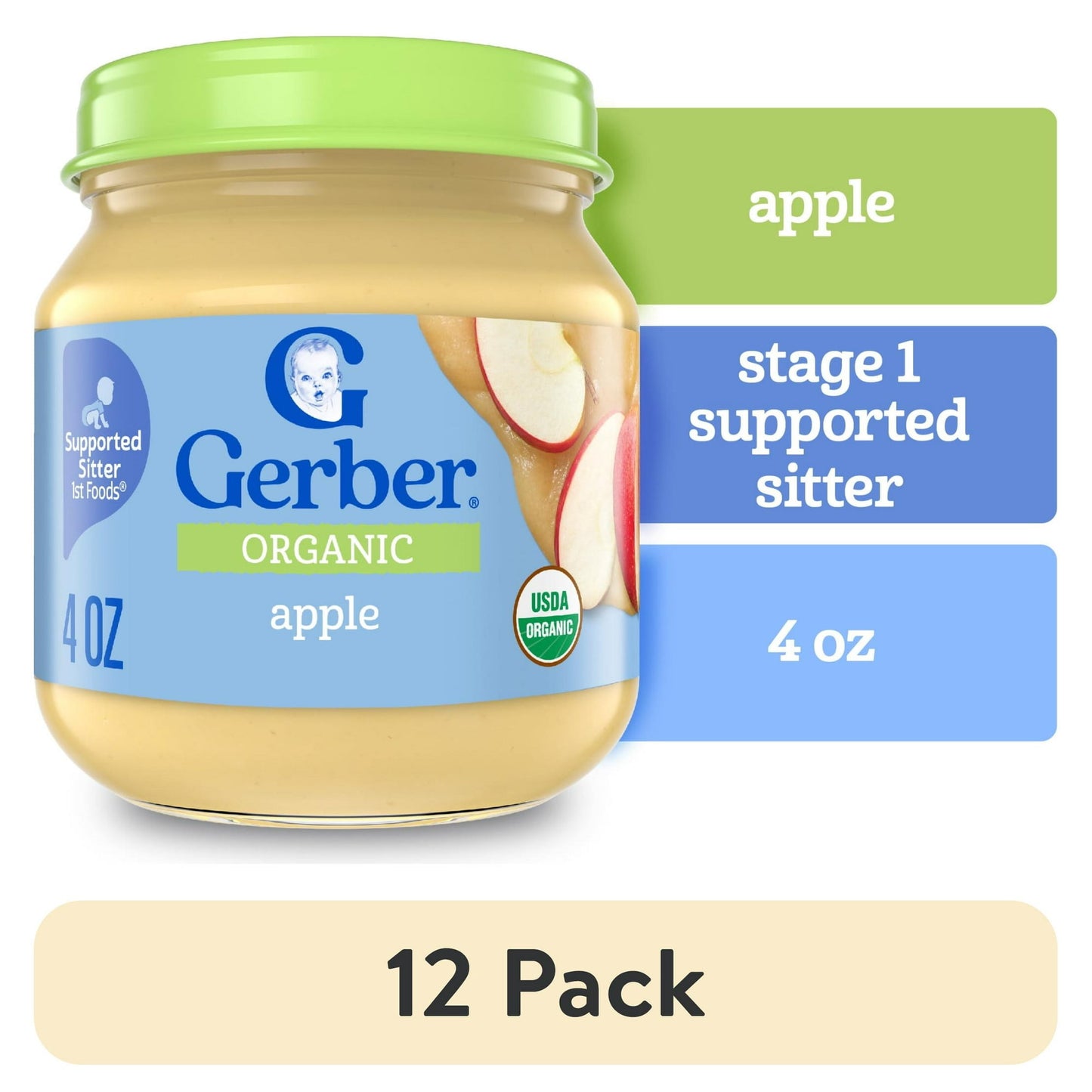 12 jars of Organic baby food with green lids on a white background