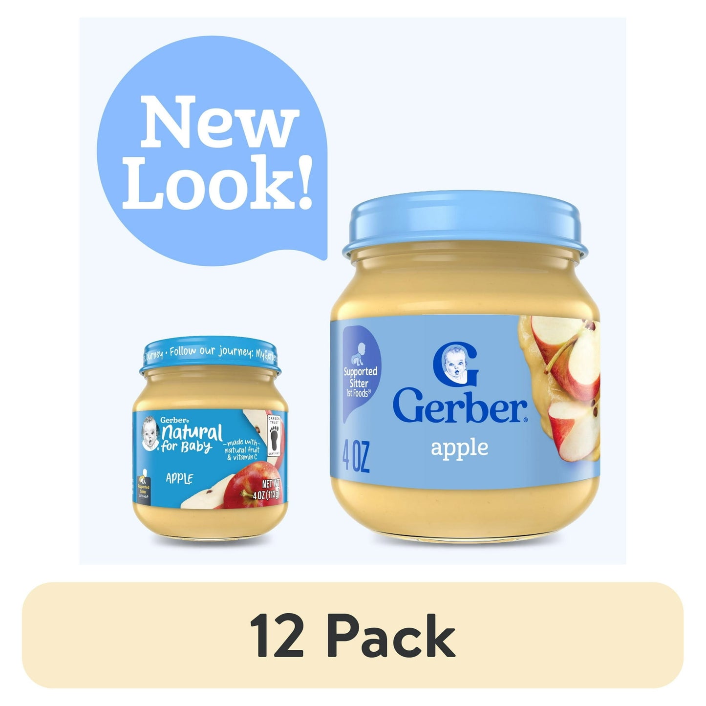 12 jars of baby food with a 'New Look!' label and a '12 Pack' label on a white background.