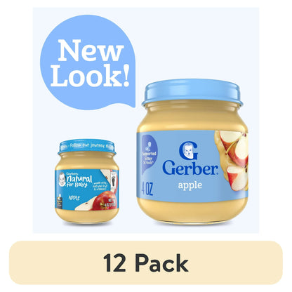 12 jars of baby food with a 'New Look!' label and a '12 Pack' label on a white background.