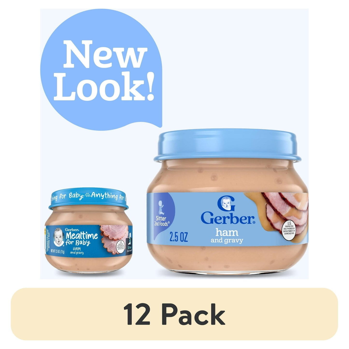 12 pack Jar of ham and gravy baby food with blue lid and label on a white background