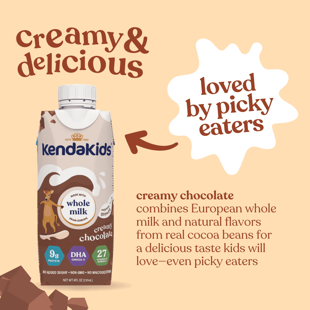 A chocolate-flavored whole milk nutritional shake carton with accompanying text about the product