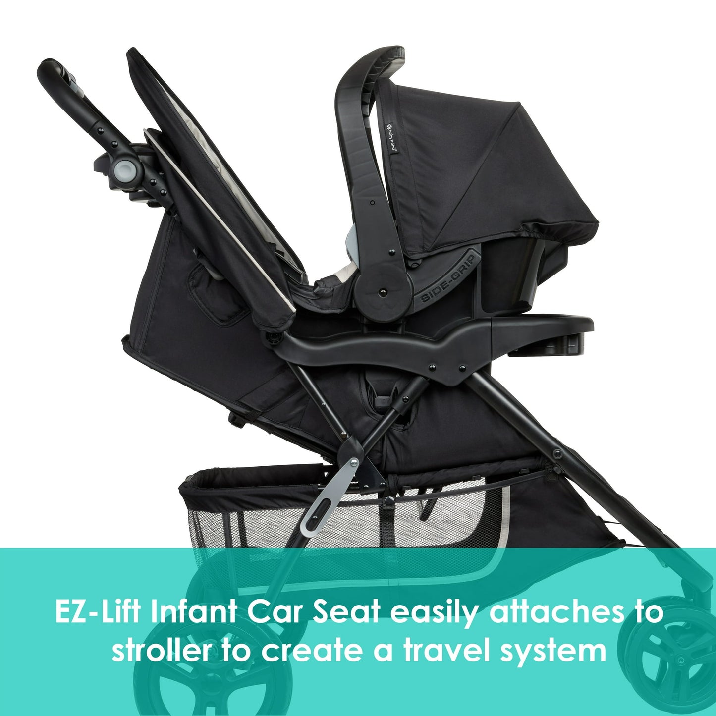 Image displaying a baby stroller with text about it's details