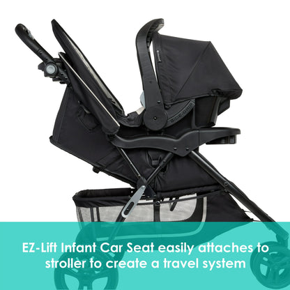 Image displaying a baby stroller with text about it's details