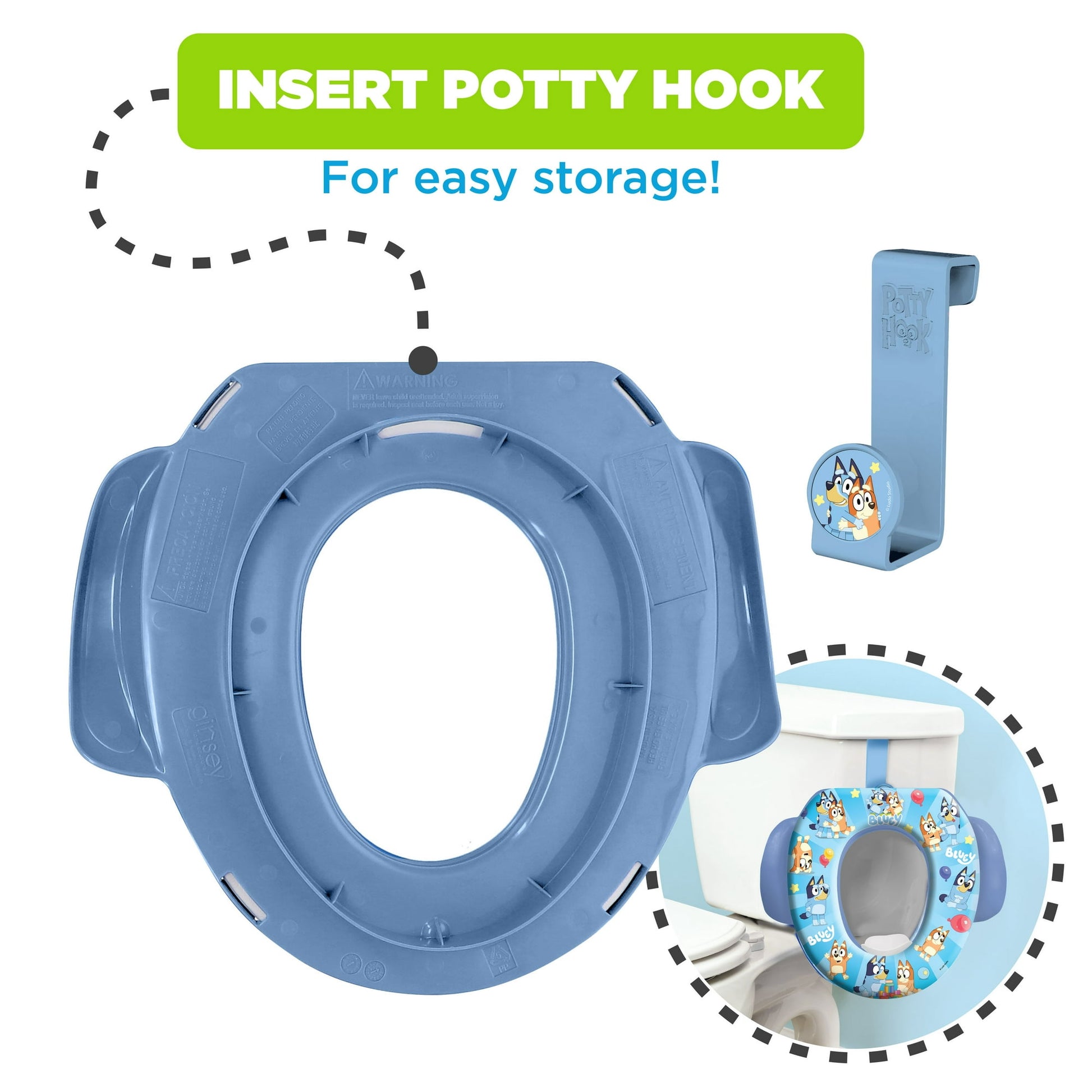 A soft potty training seat with handles, a storage hook, and an example of use on a toilet