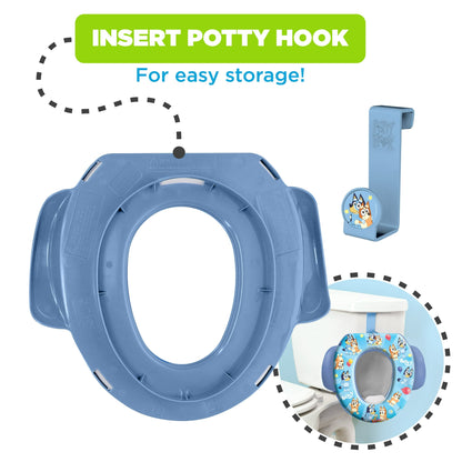 A soft potty training seat with handles, a storage hook, and an example of use on a toilet