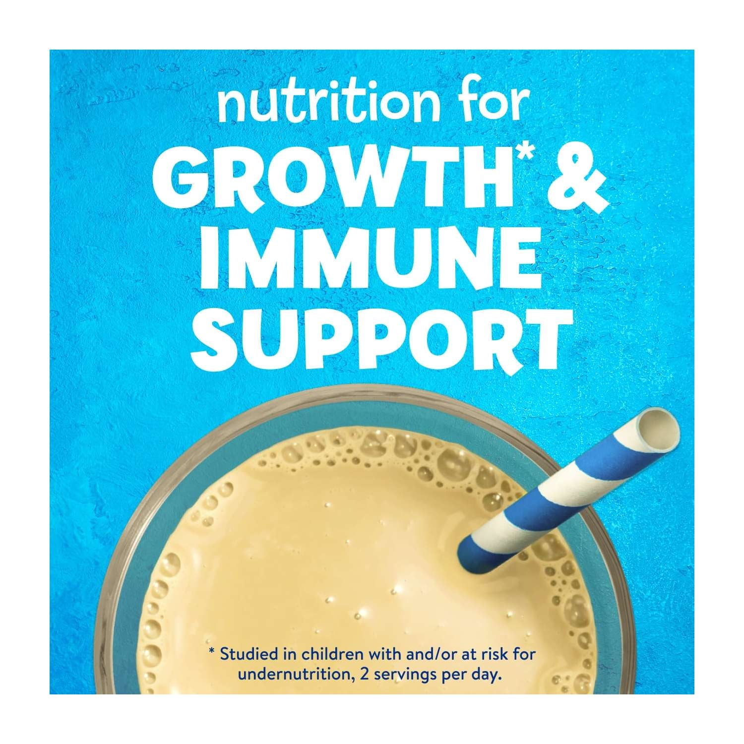 A glass with nutrition shake and a striped straw, text about nutrition, growth, and immune support, with blue background