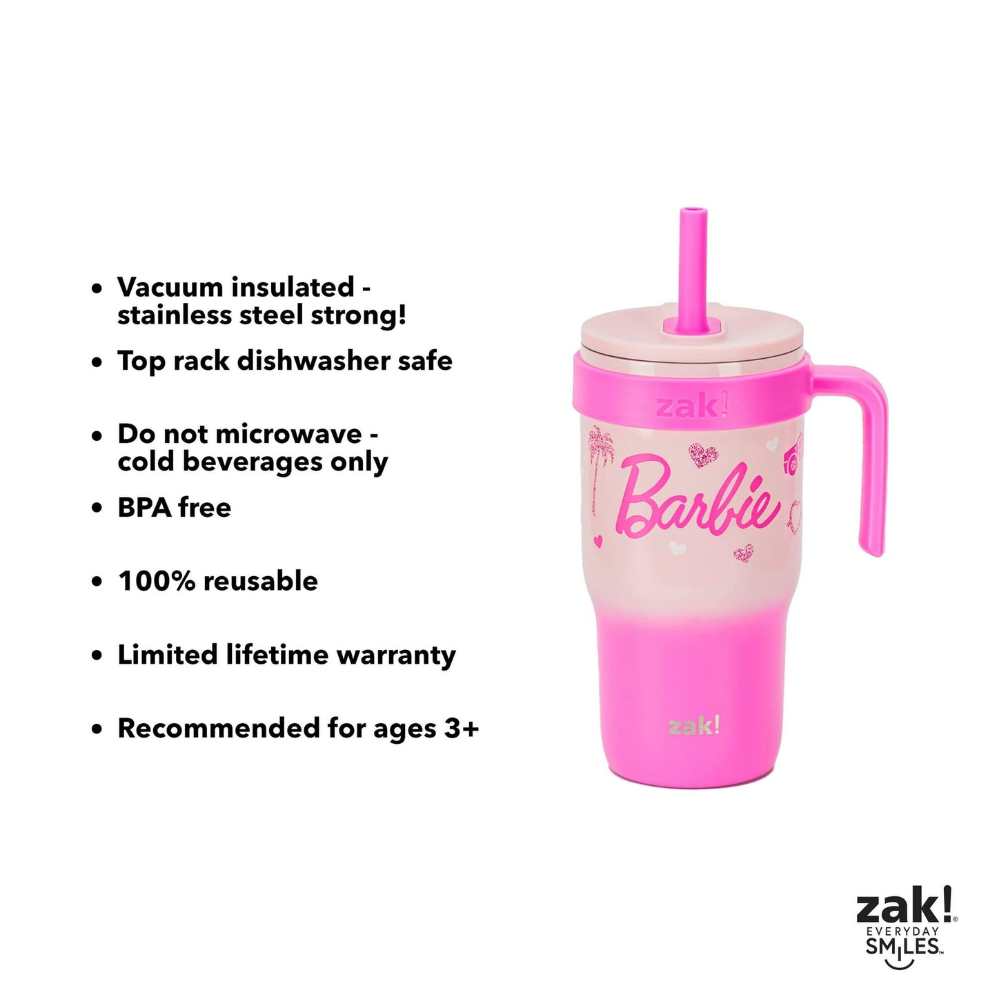 Zak Designs 18oz Barbie Kids Straw Handle Tumbler, Stainless Steel Vacuum Insulated Cruiser Tumbler with Silicone Straw Utilizing Leak-Proof Valve, Travel Straw Tumbler with Handle