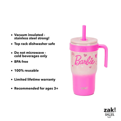Zak Designs 18oz Barbie Kids Straw Handle Tumbler, Stainless Steel Vacuum Insulated Cruiser Tumbler with Silicone Straw Utilizing Leak-Proof Valve, Travel Straw Tumbler with Handle