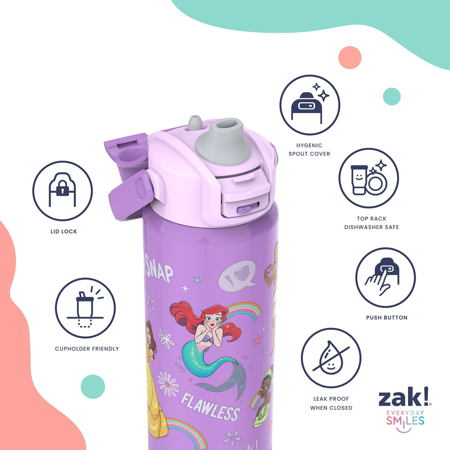 Zak Designs Kids Straw Water Bottle, Stainless Steel Vacuum Insulated Lincoln Bottle with Easy-Open Locking Spout Cover for Travel, Built in Carry Handle