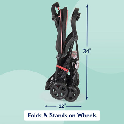 Image displaying a baby stroller with text about it's details