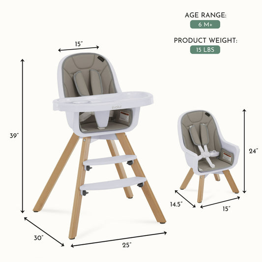 Evolur Zoodle 2-in-1 High Chair Booster Feeding Chair with Modern Design, Light Grey