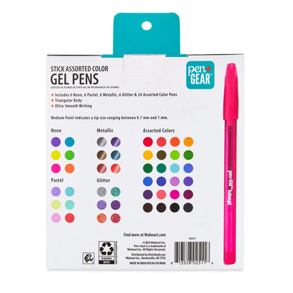 Pen+Gear Gel Stick Pens, Medium Point, 0.7 mm, Assorted Colors, 48 Count