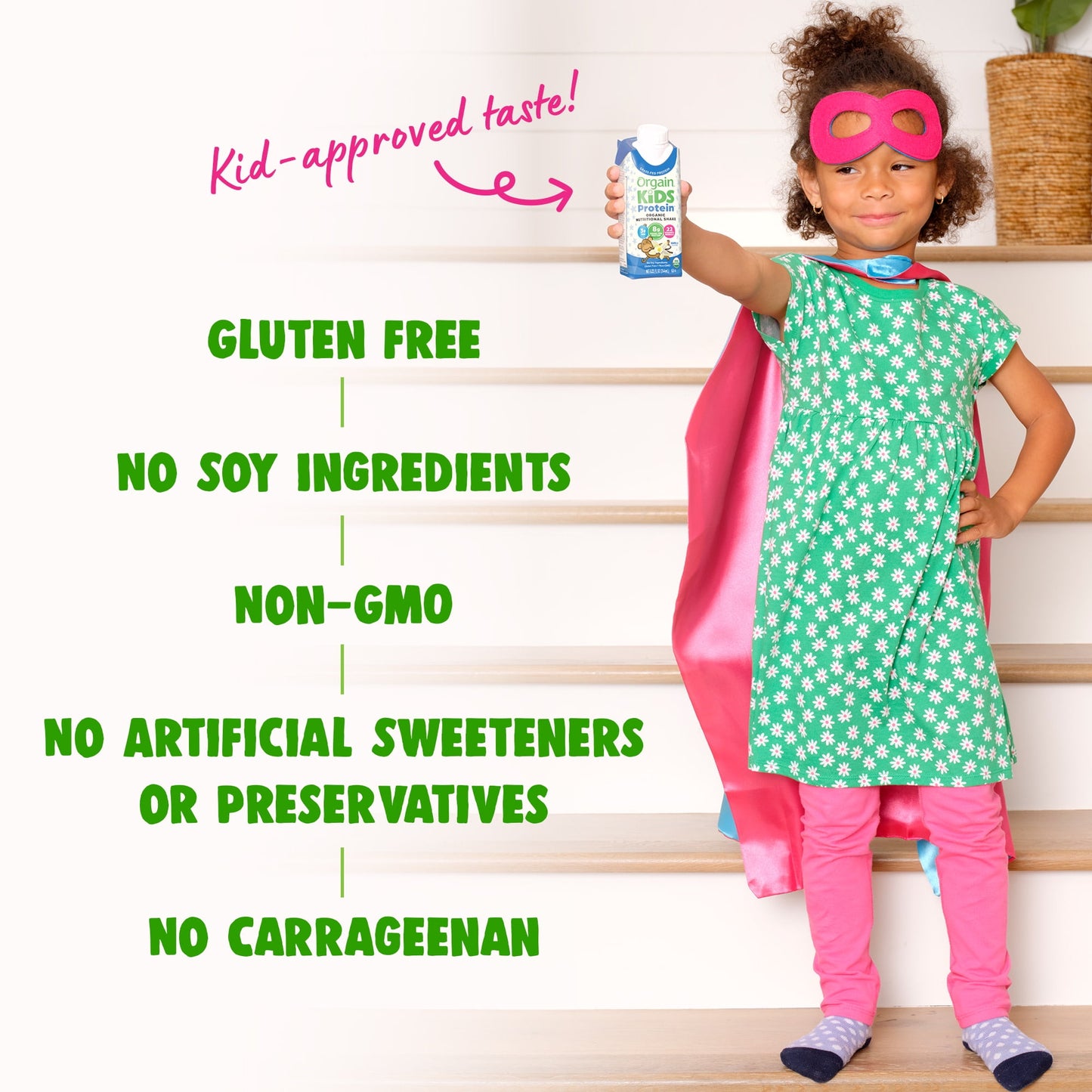Child in superhero costume holding a product with health claims text