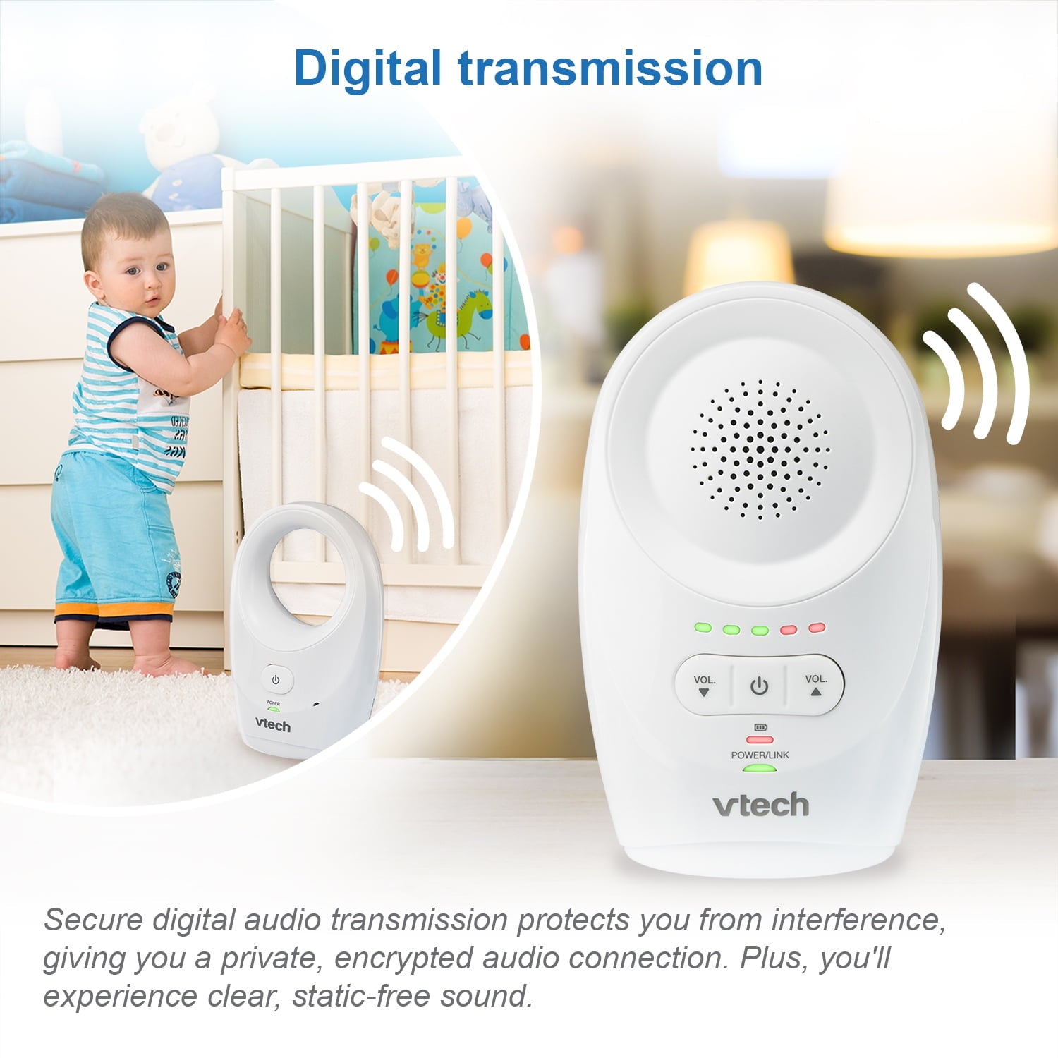 A baby standing near a crib and a digital audio baby monitor