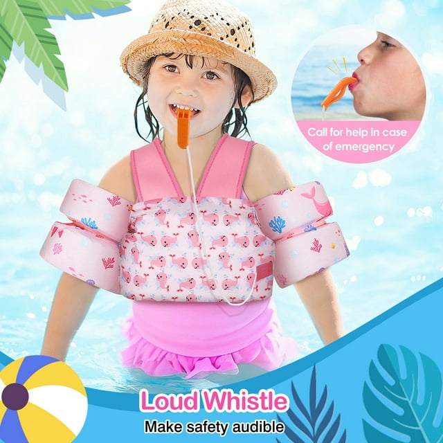 MoKo Toddler Swim Vest for 25-60 lbs with Whistle, Swimming Trainer Arm Floats Vests, Pink Whale
