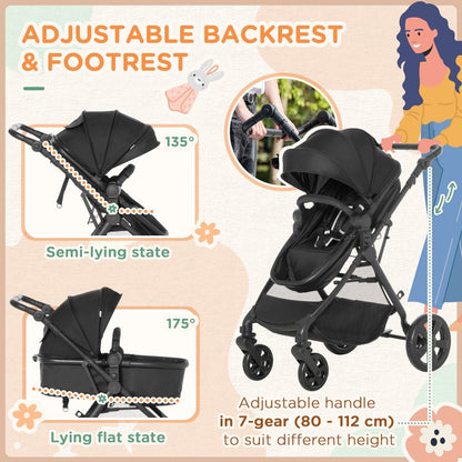2 in 1 Lightweight Pushchair w/ Reversible Seat, Foldable Travel Baby Stroller w/ Fully Reclining From Birth to 3 Years, 5-point Harness Black-4