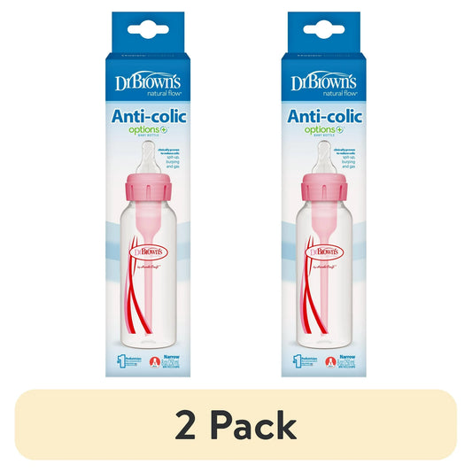 (2 pack) Dr. Brown's Natural Flow Anti-Colic Options+ Narrow Baby Bottle, Pink, 8oz, Slow Flow, 0m+, 1 Pack