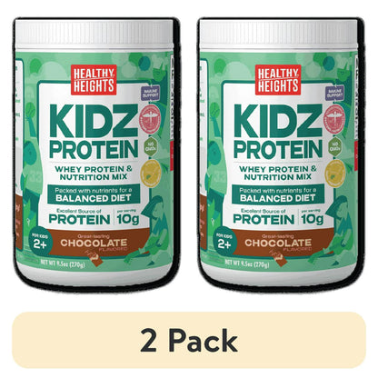 A canister of chocolate flavoured protein shake mix powder for kids on a plain background, with "2 Pack" Labeled below