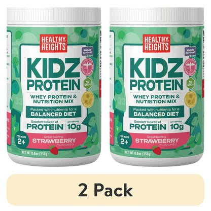 Canisters of strawberry-flavored protein powder for kids, with text and illustrations, with "2 Pack" Labeled below