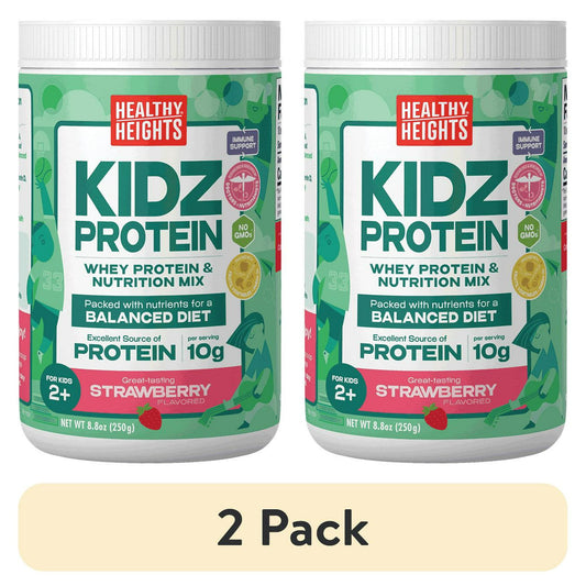 Canisters of strawberry-flavored protein powder for kids, with text and illustrations, with "2 Pack" Labeled below