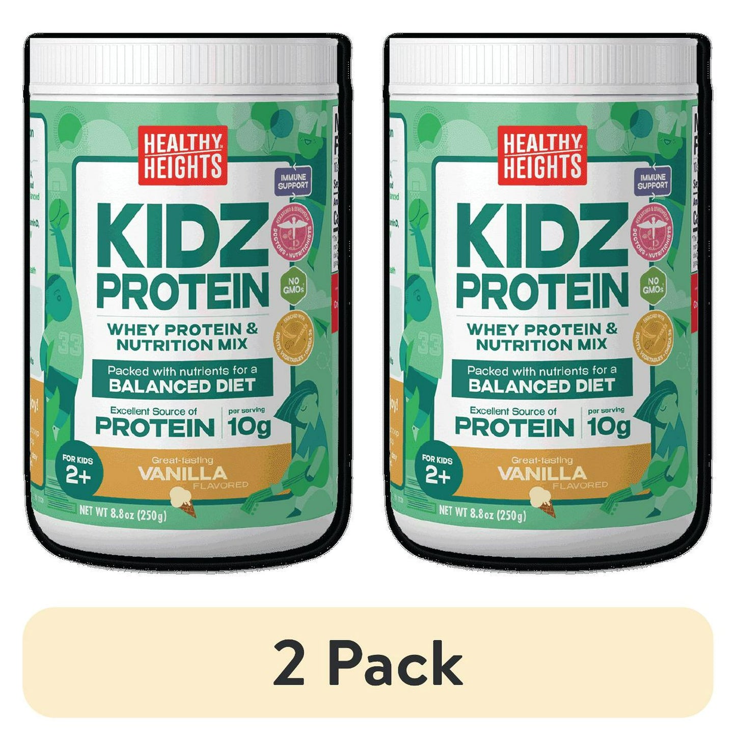 Canisters of protein shake mix powder for kids, primarily green and white, on a plain background