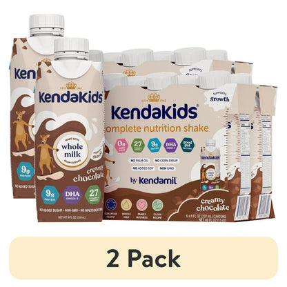 Bottles of chocolate-flavored nutritional shakes for kids on a white background, with "2 Pack" Labeled below