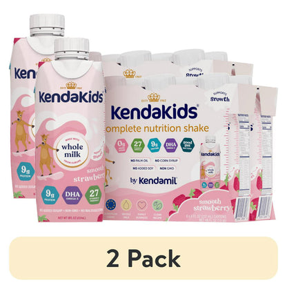 A carton and a multipack of strawberry-flavored nutritional shakes for children, with "2 Pack" Labeled below