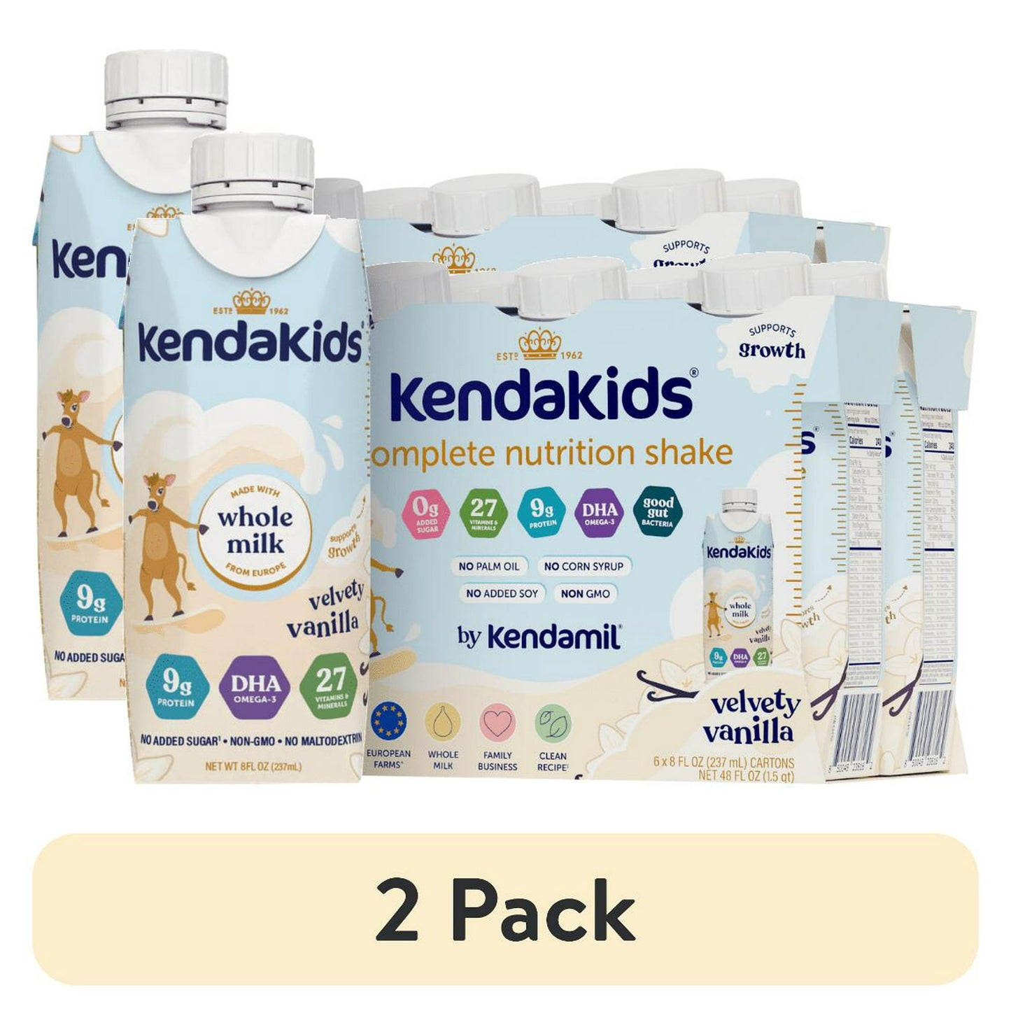Pack of vanilla nutrition shake bottles featuring a cartoon animal illustration, with "2 Pack" Labeled 