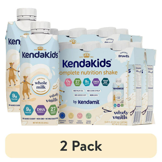 Pack of vanilla nutrition shake bottles featuring a cartoon animal illustration, with "2 Pack" Labeled 