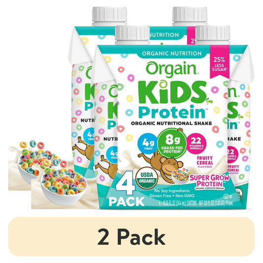 Organic nutritional shakes for kids, fruity cereal flavored, with bowls of cereal, with "2 Pack" Labeled Below