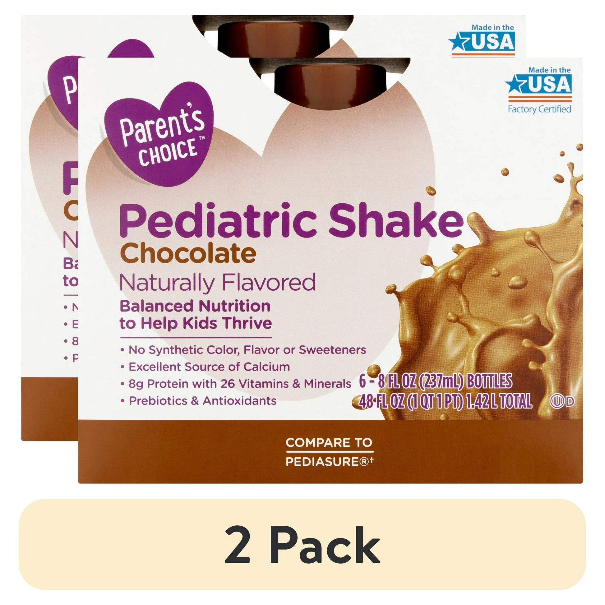 Brown and white carton of Kids chocolate pediatric nutritional shakes with white background, with "2 Pack' labeled below