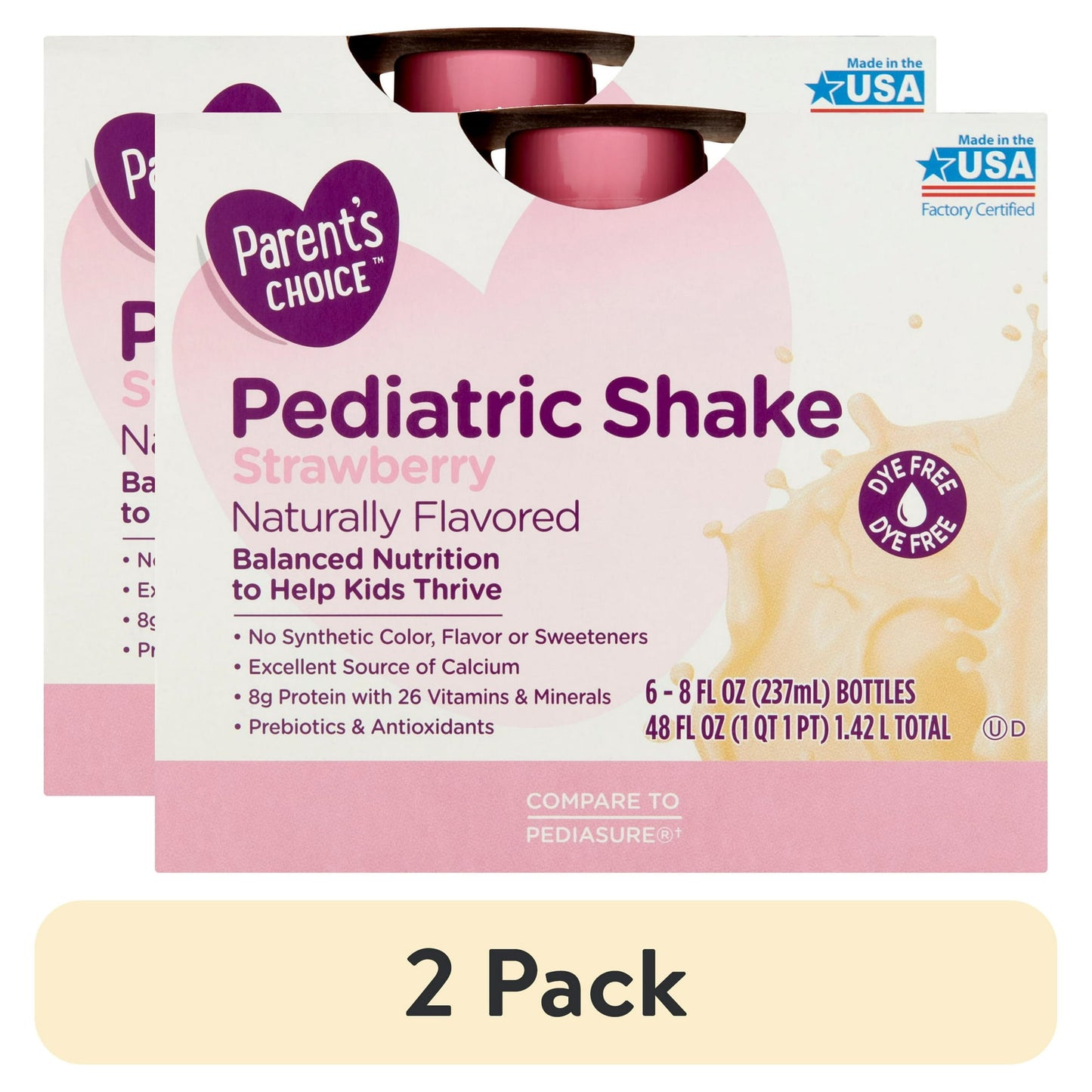 Box of children's strawberry nutrition shakes with pink label and splash design with "2 Pack" Labeled Below