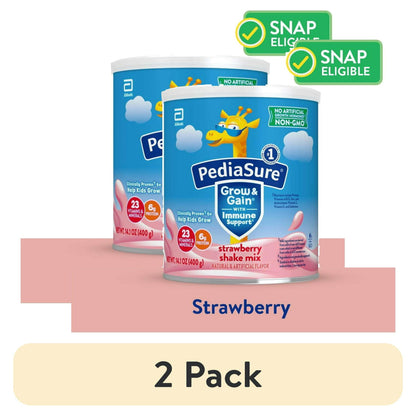 Cans of strawberry-flavored kids’ shake mix powder with illustrated label, with "2 Pack" Labeled Below