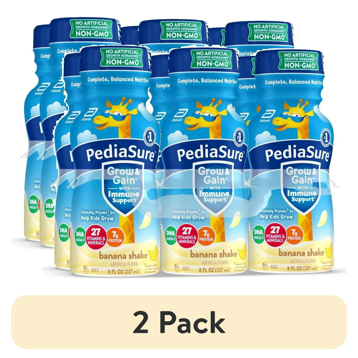 Banana flavored kids nutritional shake bottle with illustrated label, with "2 Pack" Labeled Below