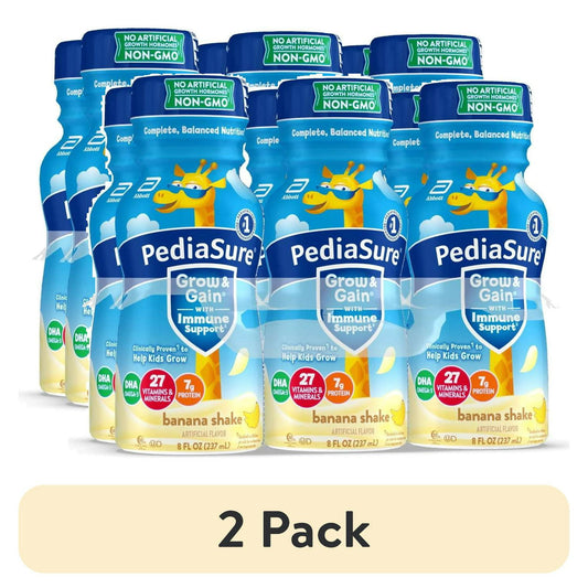 Banana flavored kids nutritional shake bottle with illustrated label, with "2 Pack" Labeled Below