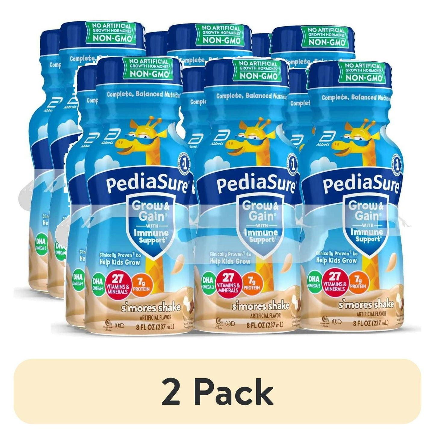 Bottles with blue-labeled nutritional drink in s'mores flavor, displayed against a white background, With "2 Pack" Labeled below