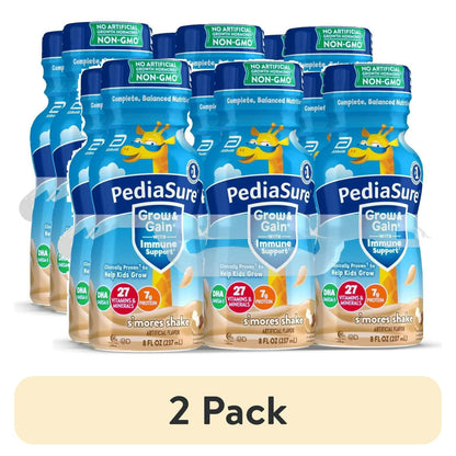 Bottles with blue-labeled nutritional drink in s'mores flavor, displayed against a white background, With "2 Pack" Labeled below