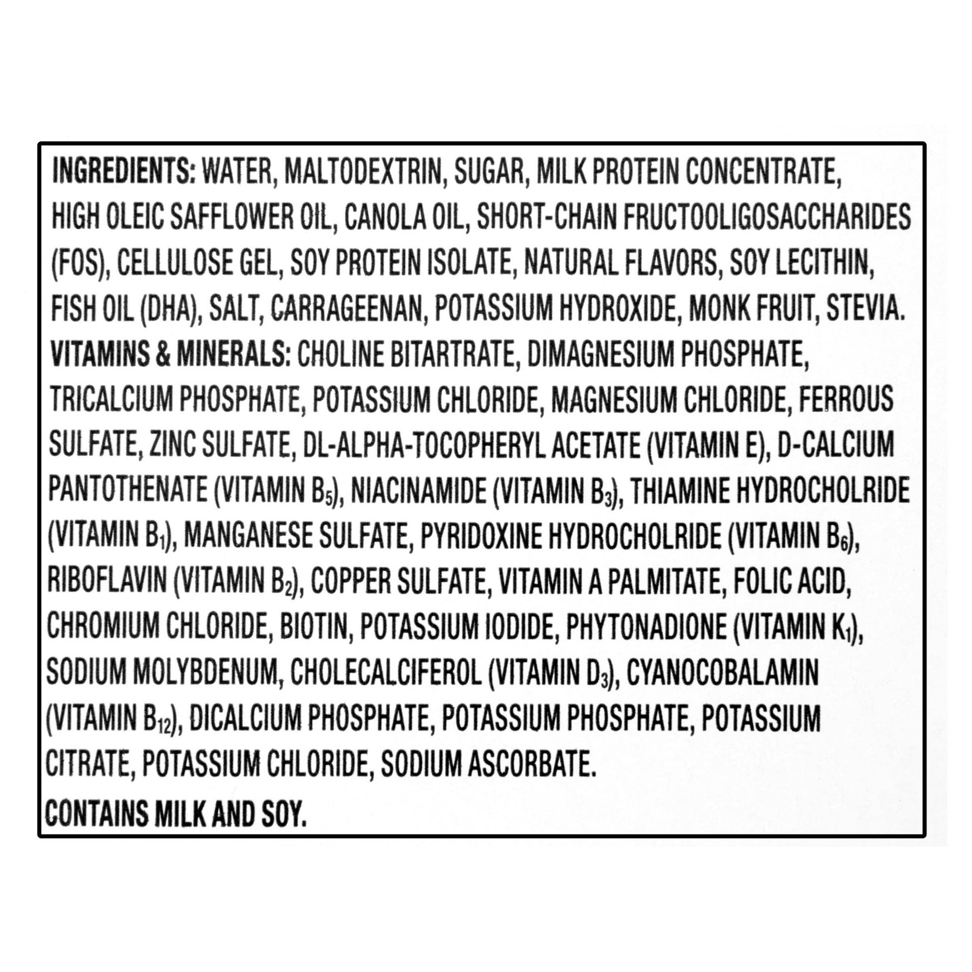 A detailed list of ingredients, vitamins, and minerals, with allergen information, with white background