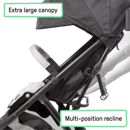 Image displaying a baby stroller with text about it's details