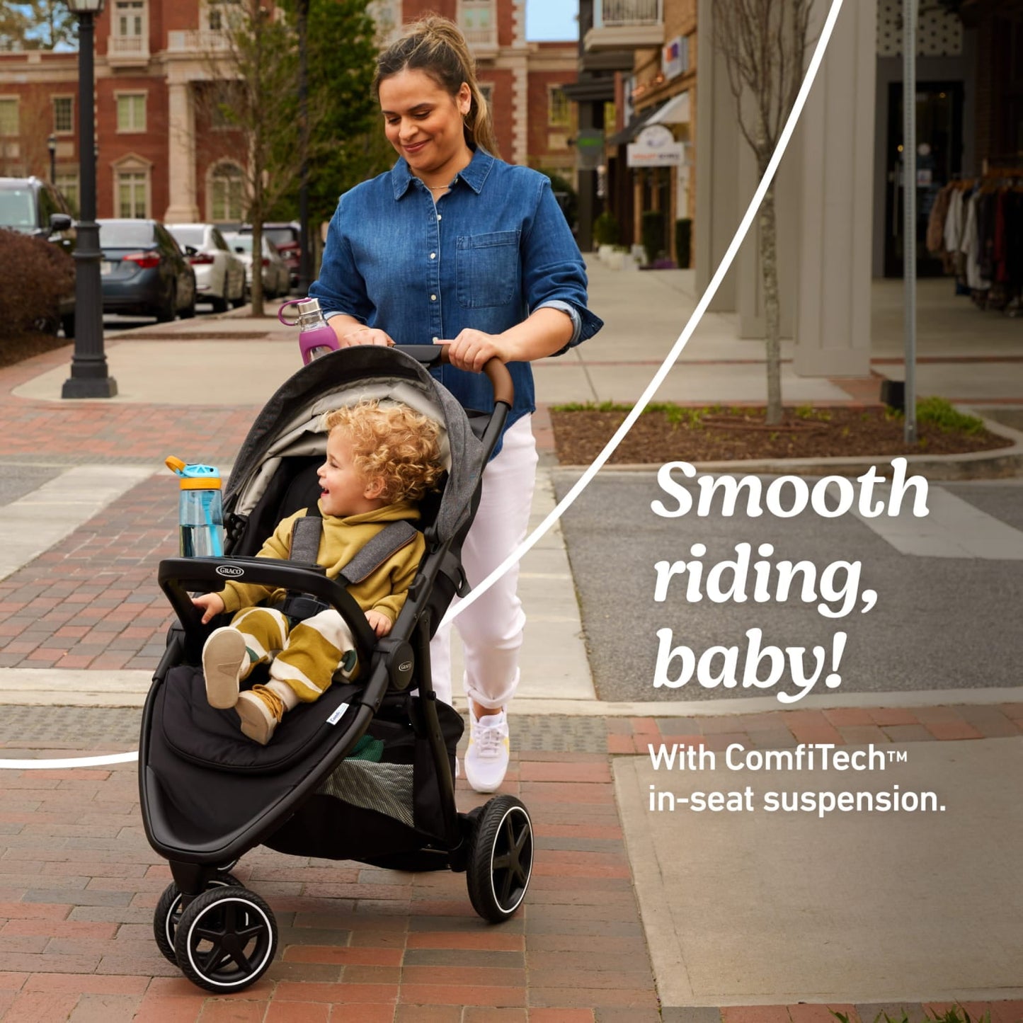 Image displaying a baby stroller with text about it's details