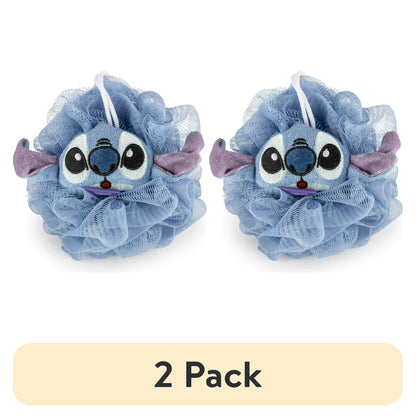 2 pack Blue bath pouf with cartoon character face on a white background