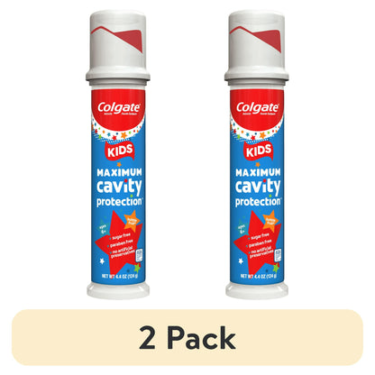 2 pack Kids Maximum Cavity Protection toothpaste tube on a green background