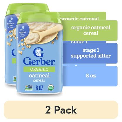 2 pack Organic oatmeal baby cereal, 8 oz canister – iron-fortified grain for infants’ growth and development.