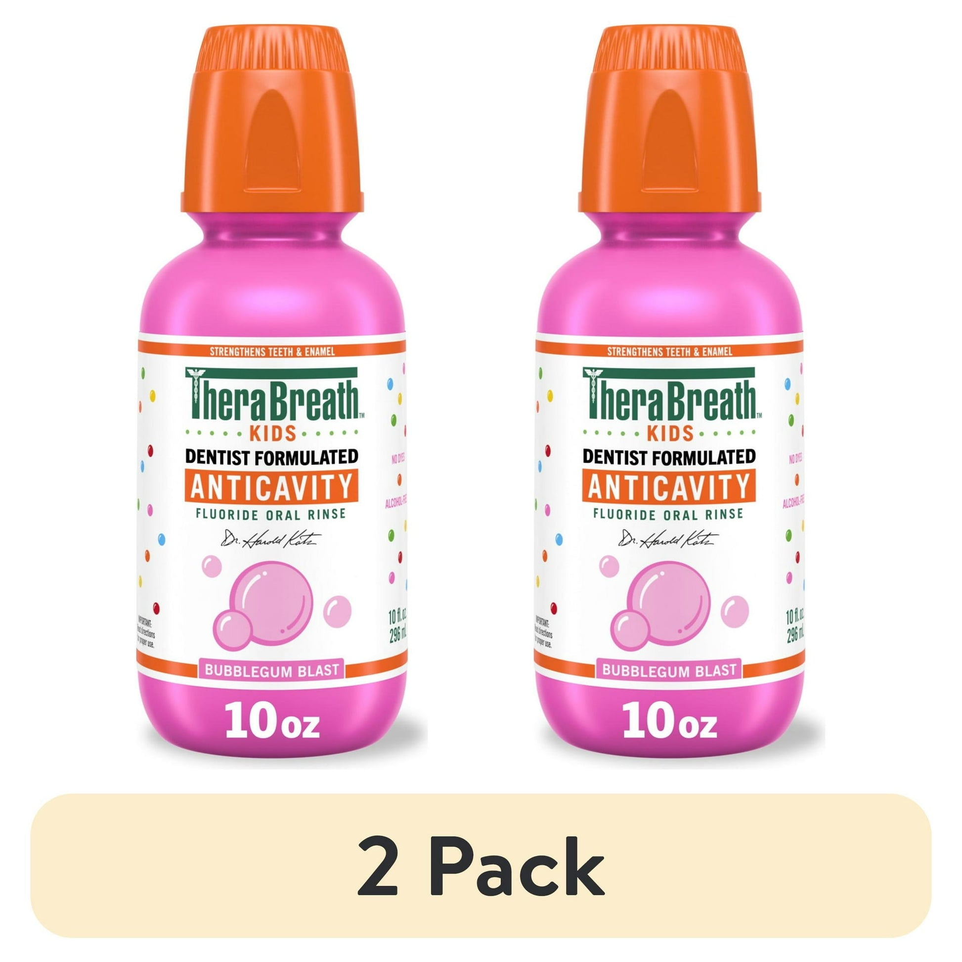 2 pack Pink bottle of Kids Anticavity Fluoride Oral Rinse with orange cap on a white background