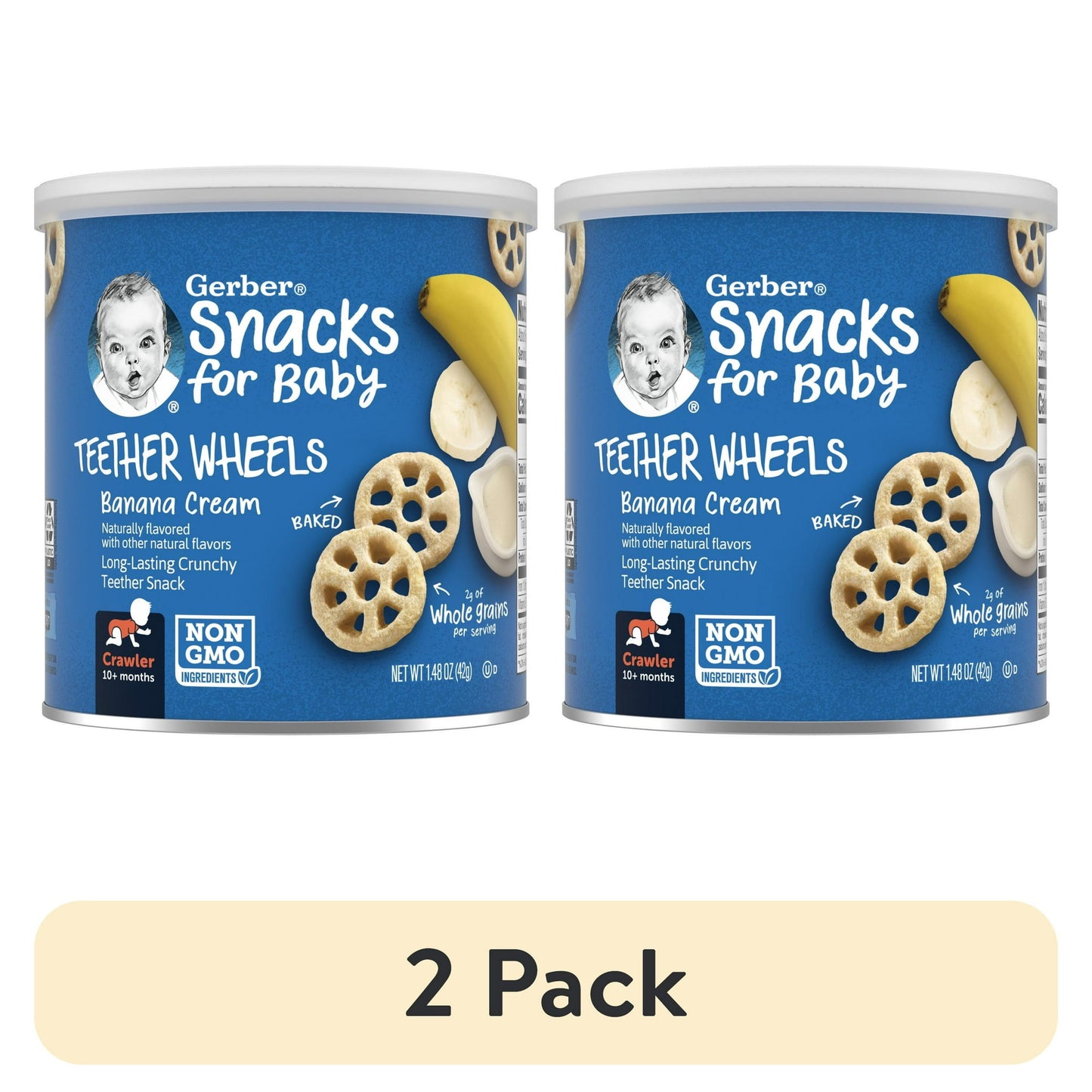 2 pack Snacks for Baby Teether Wheels Banana Cream container with blue label and baby image.