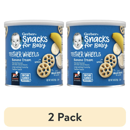 2 pack Snacks for Baby Teether Wheels Banana Cream container with blue label and baby image.
